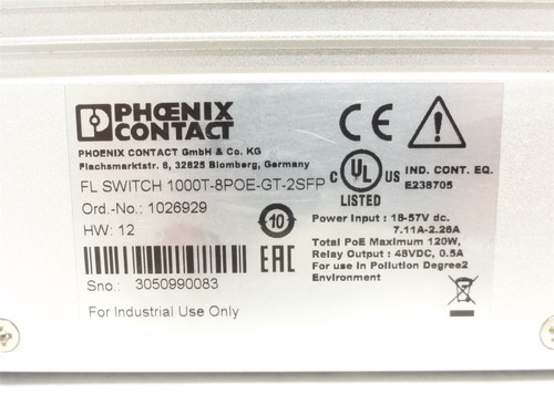 Phoenix 1000T-8POE-GT-2SFP; Ethernet Switch 1026929; 18-57VDC