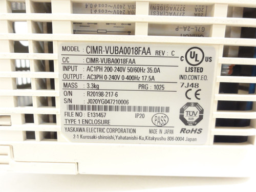 Yaskawa CIMR-VUBA0018FAA; AC Drive 200-240VAC; 35A In; 5HP