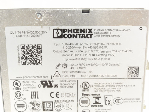 Phoenix QUINT4-PS/1AC/24DC/20; Power Supply 2904617; 100-240VAC In