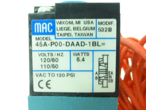 MAC 45A-P00-DAAD-1BL; Solenoid Valve; 120V; 5.4W; VAC To 120PSI