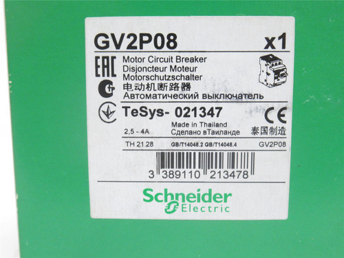 Schneider GV2P08; Motor Protector; 2.5-4A; 3P; 600VAC
