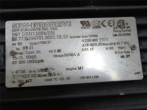 SEW R97 DRN132S4/DH; AC Gearmotor; 47.58:1 Ratio; 230/460V; 1800RPM