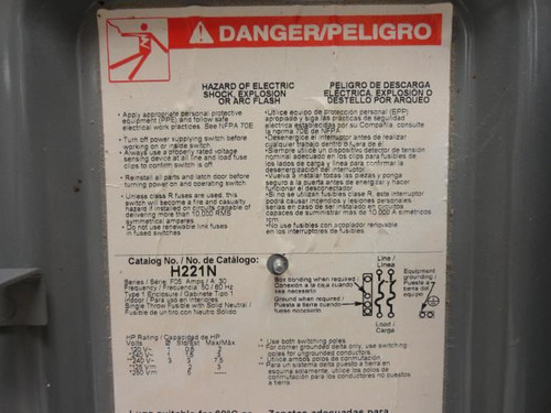 Square D H221N; Safety Switch; 30A; 2 Pole; 3Hp@600V; 2PST