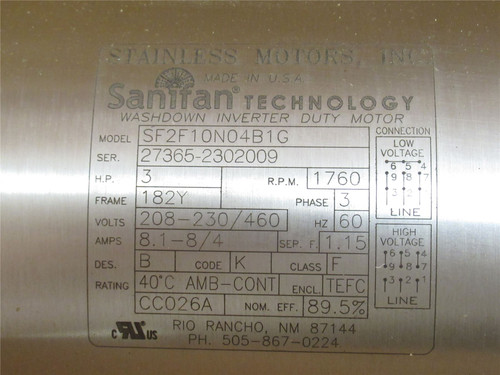 Sanifan SF2F10N04B1G; Gear Motor 9:1 Ratio; 3HP SS 230-460VAC