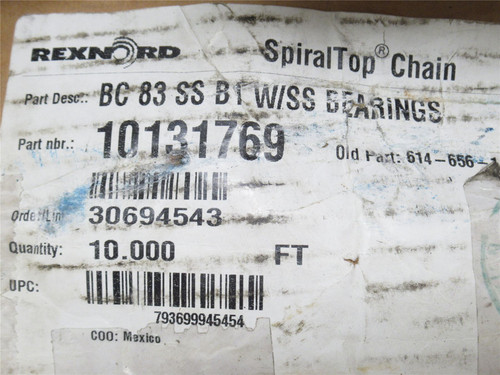 Rexnord BC83SSBIW/SS; SpiralTop Chain W/SS Bearings; 10'