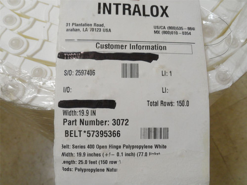 Intralox S400-20-20; Open Hinge Belting 19.9"Wide x  20' Long