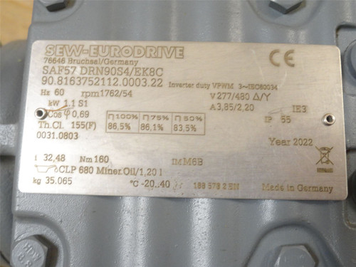 SEW SAF57DRN90S4/EK8C; Motor Gearbox; 1.1kW; 277-180VAC