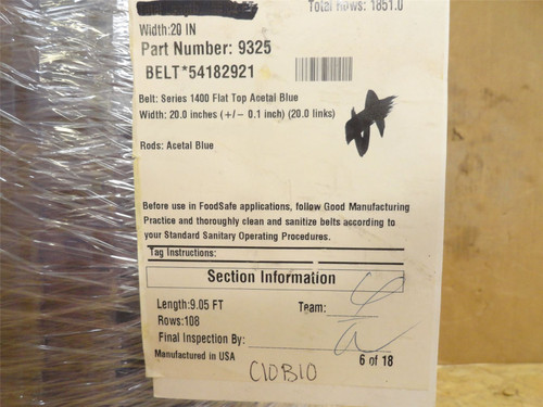 Intralox S1400-20-9.05; Flat Top Belt; 20" W x 9.05' Long