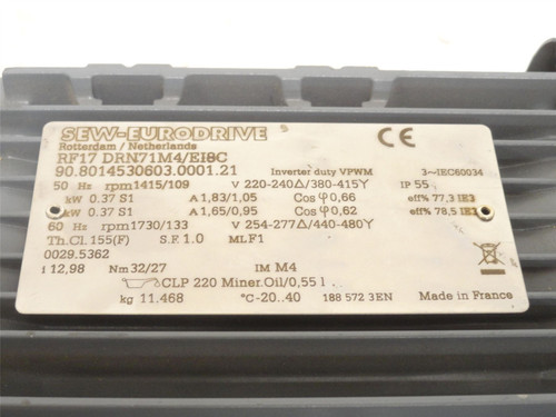 SEW RF17DRN71M4/E18C; AC Gear Motor 13:1 Ratio 0.67kW 480VAC