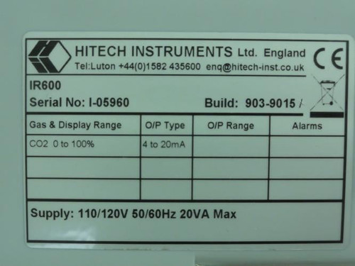 HiTech IR600; HITOX Wall Mount Infrared Gas/CO2 Analyzer