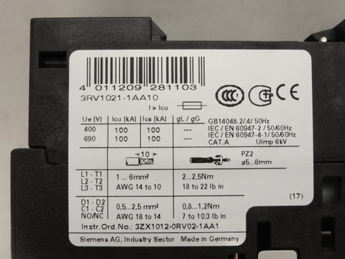 Siemens 3RV1021-1AA10; Manual Starter 1.1-1.6A 3P  600VAC
