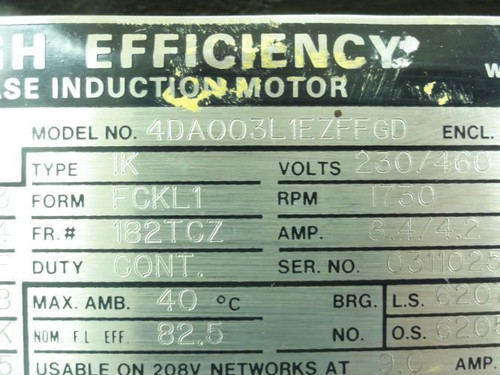 Toshiba 4DA003L1EZFFGD; AC Motor; 3Hp; 4P; 230/460V; 1730Rpm