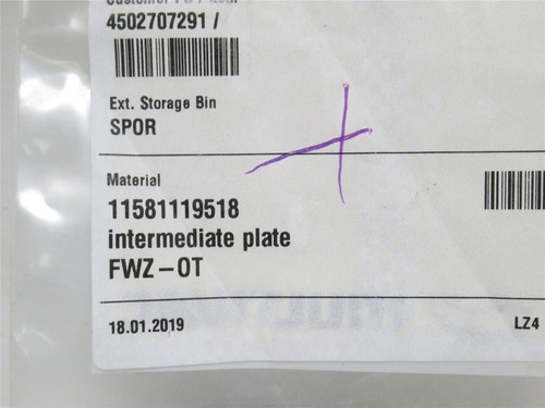 Multivac 11581119518; Intermediate Plate; Aluminum; FWZ; OT