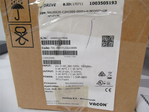 Danfoss Vacon NXL00035-C2H1SSS; AC Drive 1.5HP 480VAC 3P