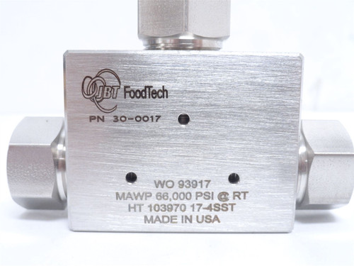 JBT 30-0017; High Pressure Needle Valve; SS; 66K PSI; 3/8"