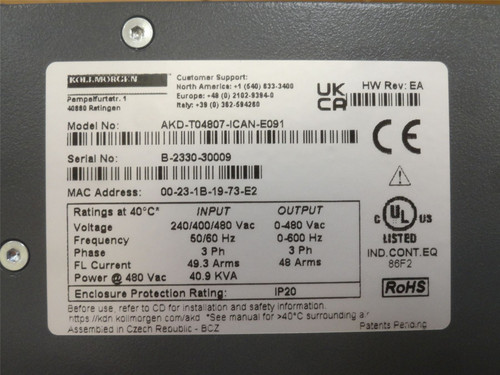 Kollmorgen AKD-T04807-ICAN-E091; Servo Drive; 240-480VAC; 3PH