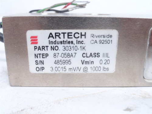 Artech 30310-1K; Shear Beam Load Cell; 1000LBS; 3mV/V
