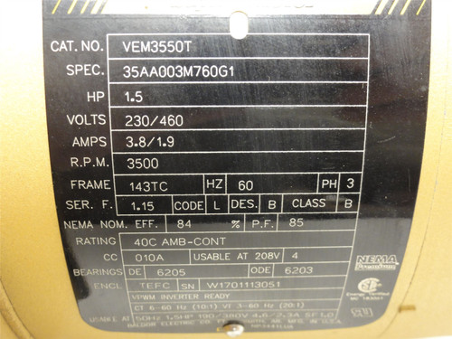Baldor VEM3550T; AC Motor; 1-1/2HP; 230/460V; 3500RPM; 3PH