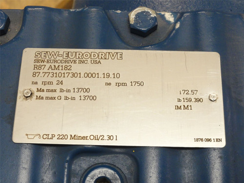 SEW R87AM182; Gear Speed Reducer; 72.57:1 Ratio; 1750/24RPM