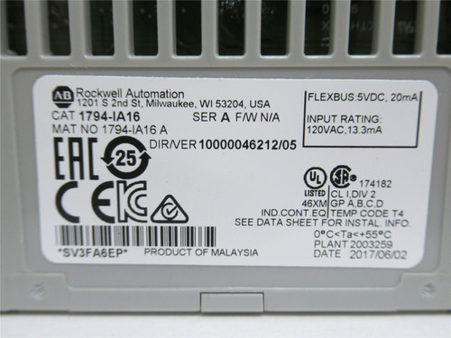 Allen-Bradley 1794-IA16; Input Module; 120VAC; Series: A