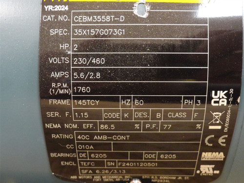 Baldor CEBM3558T-D; Brake-Motor; 2HP; 230/460VAC; 1760RPM; 3PH