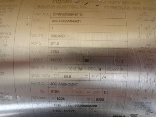 Baldor CFSWDM3546T-E; AC Motor; SS; 1HP; 230/460V; 1770RPM