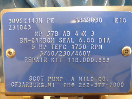 Scot Pump 3095K148W; Centrifugal Pump; 5HP; 4" In x  3" Out