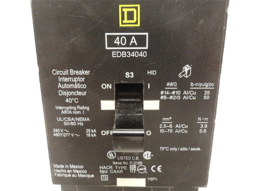 Square D EDB34040; Bolt-On Circuit Breaker 40A; 3P; 277/480VAC