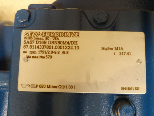 SEW SA67D16BDRN80M4/DH; AC Gearmotor; 217:1 Ratio; 0.75kW