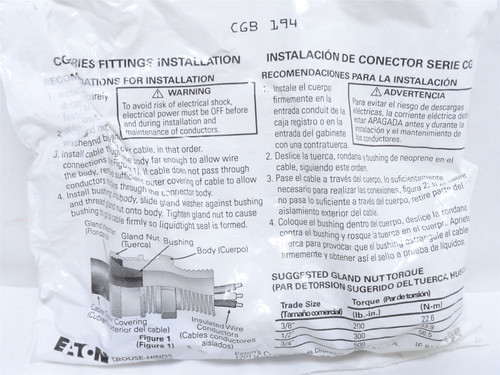 Crouse-Hinds CGB194; Liquid-Tight Conduit Connector Size: 1/2"
