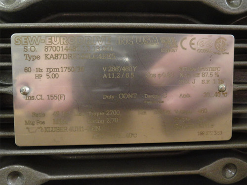 SEW KA87DRE100LC4BE5; Gearmotor; 49.16:1 Ratio; 5HP; 266/460V