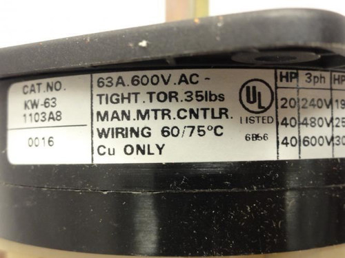 Electroswitch KW-6311033A8; Cam Rotary Switch; 63A; 600VAC; 3-ph