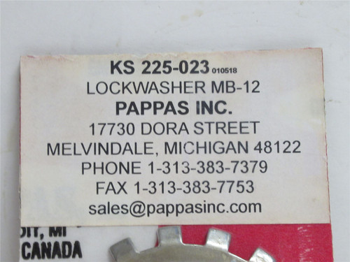 Pappas Inc KS 225-023; Lock Washer; MB-12