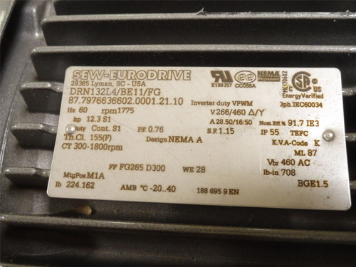 SEW DRN132L4/BE11/FG; AC Motor; 12.3HP; 1775RPM; 3PH; 60HZ