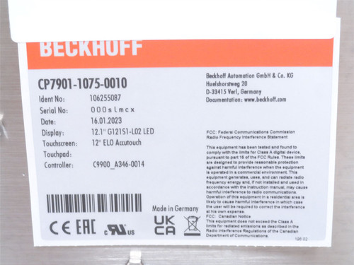 Beckhoff CP7901-1075-0010; Display Panel; 12" 800X600; 24VDC