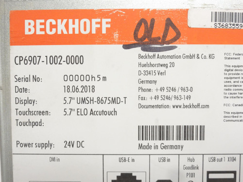 Beckhoff CP6907-1002-0000; Operator Panel 5.7" Diagonal; 24VDC