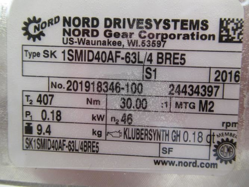 Nord Gear SK1SMID40AF-63L/4BRE5; Gearmotor; 1-1/4HP; 265/460VAC