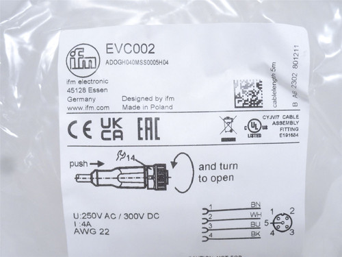 ifm EVC002; Straight Female Cordset; 5-Pin; 250VAC/300VDC