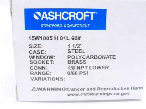 Ashcroft 15W1005?01L60#; Dry Pressure Gauge 0-60PSI 1.5" Dial