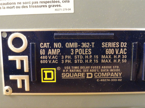 Square D QMB362T; Fusible Disconnect Switch; 60A; 3P; 600VAC