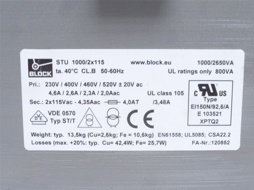 Block STU 1000/2x115; Transformer 1000vA Secondary 2 x 115VAC