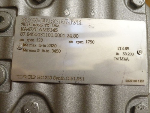 SEW KA47/TAMS145-13:1; Gearbox; 13.65:1 Ratio; 128RPM