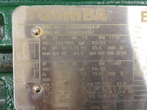 Toshiba 0204SDSR41A-P; AC Motor; 20HP; 230/460V; 1800RPM; 3PH