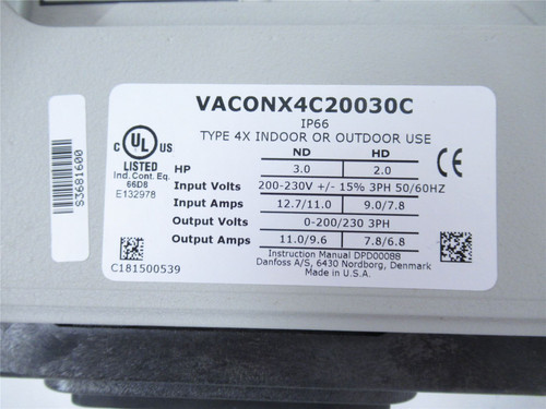 Danfoss Vacon X4C20030; AC Drive 3 Phase 9.6A 3HP Missing Cover