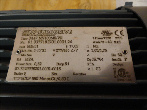 SEW SA47MV100M8/VR; Brake Gearmotor; 17.62:1 Ratio; 277/480VAC