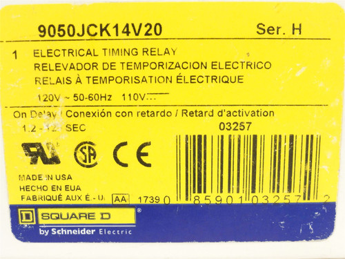 Square D 9050JCK14V20; Time Delay Relay 1.2-120 Seconds; 110V