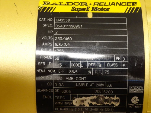 Baldor EM3558; AC Motor 2HP; 208-230/460V; 1755RPM; 3PH