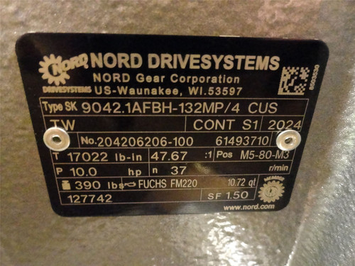 Nord SK 9042.1AFBH-132MP/4; GearMotor 10HP 47.67:1Ratio
