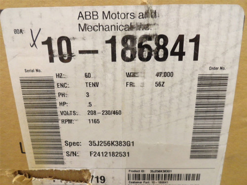 Baldor 10-186841; AC Motor; 1/2HP; 208-230/460V; 1165RPM; 3PH