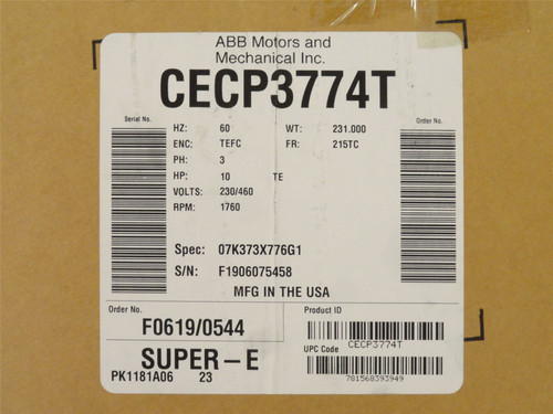 Baldor CECP3774T; Severe Duty Motor 10HP 230/460VAC 1800RPM